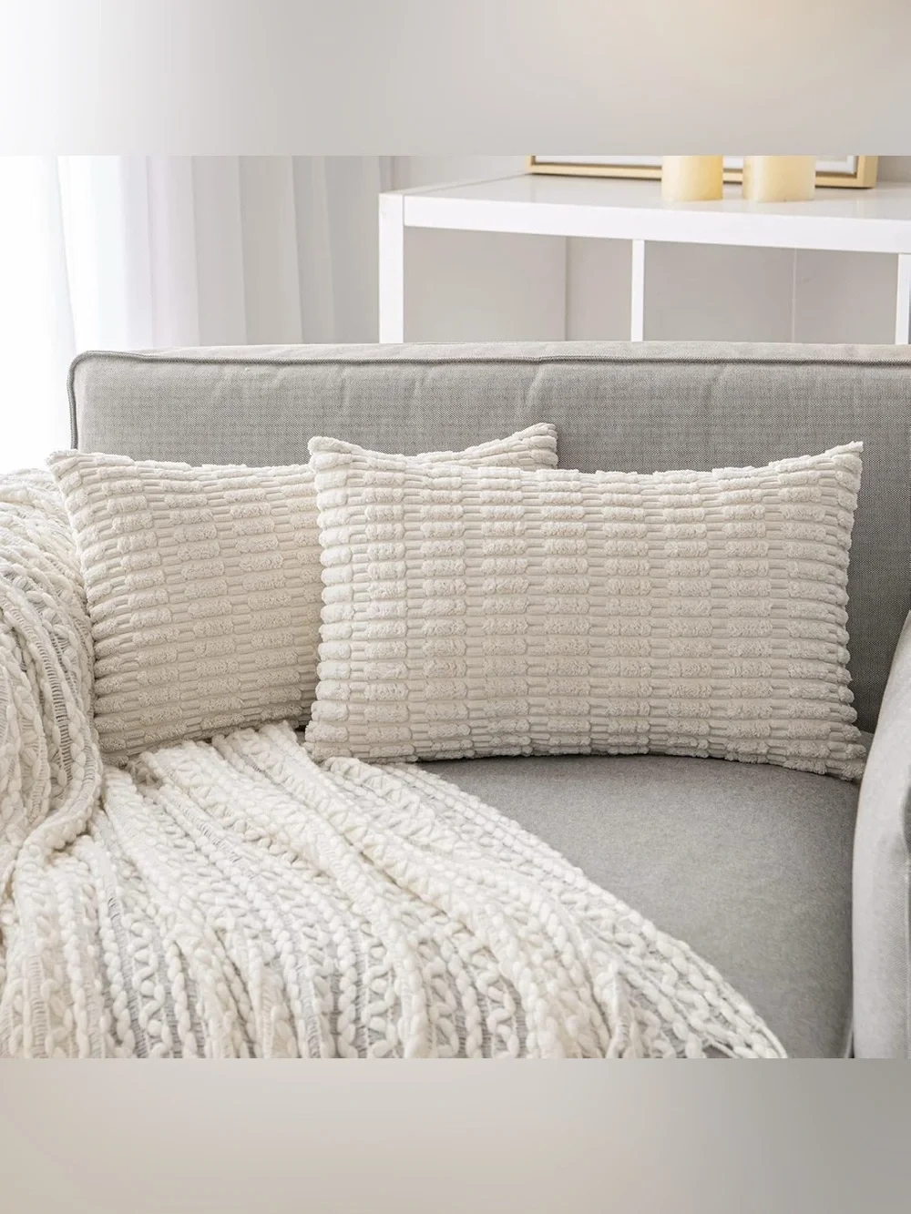 Pack of 2 Cream White Throw Pillow Covers 12x20” Soft Corduroy Boho Contemporary
